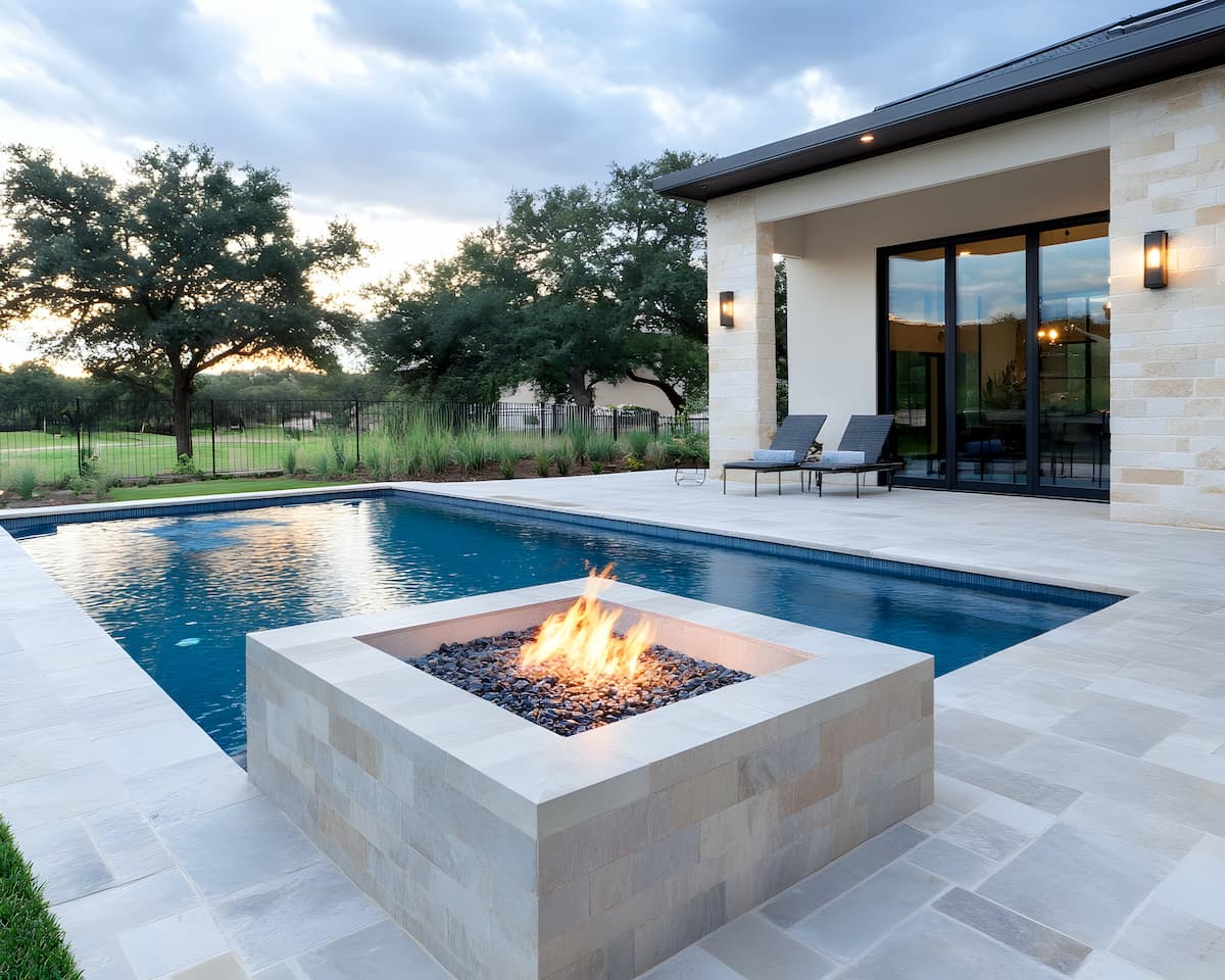 rectangular pool with fire feature on the stone deck