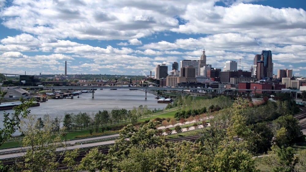 Skyline of St. Paul Minnesota with Mississippi River to the left