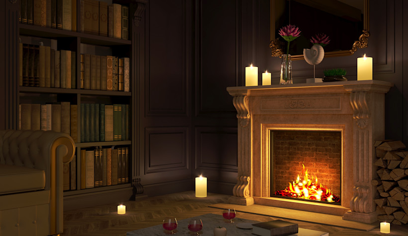 Dark library with fireplace, dimly lit with candles and stacks of books on bookshelves