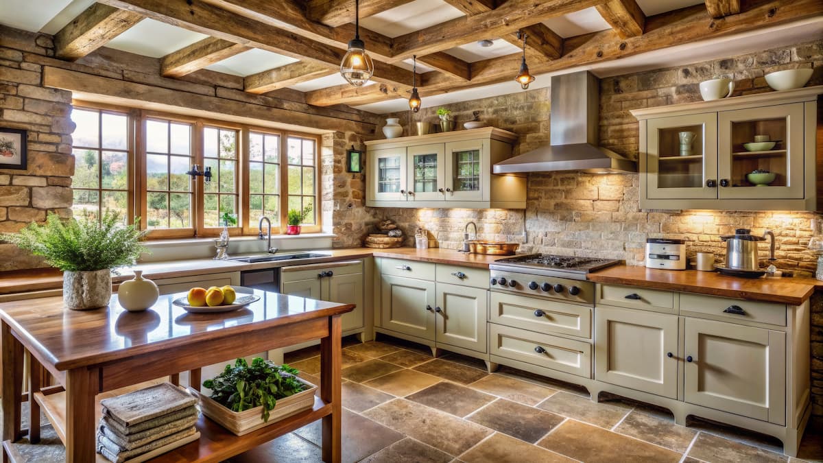 English country style kitchen with green cabinetry, wooden ceiling beams and stone floor
