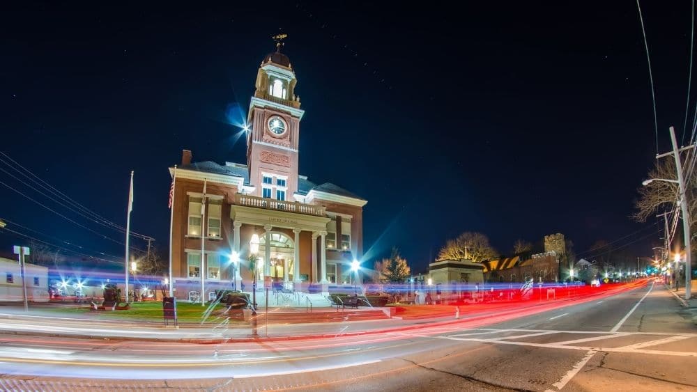 West Warwick court house at night.