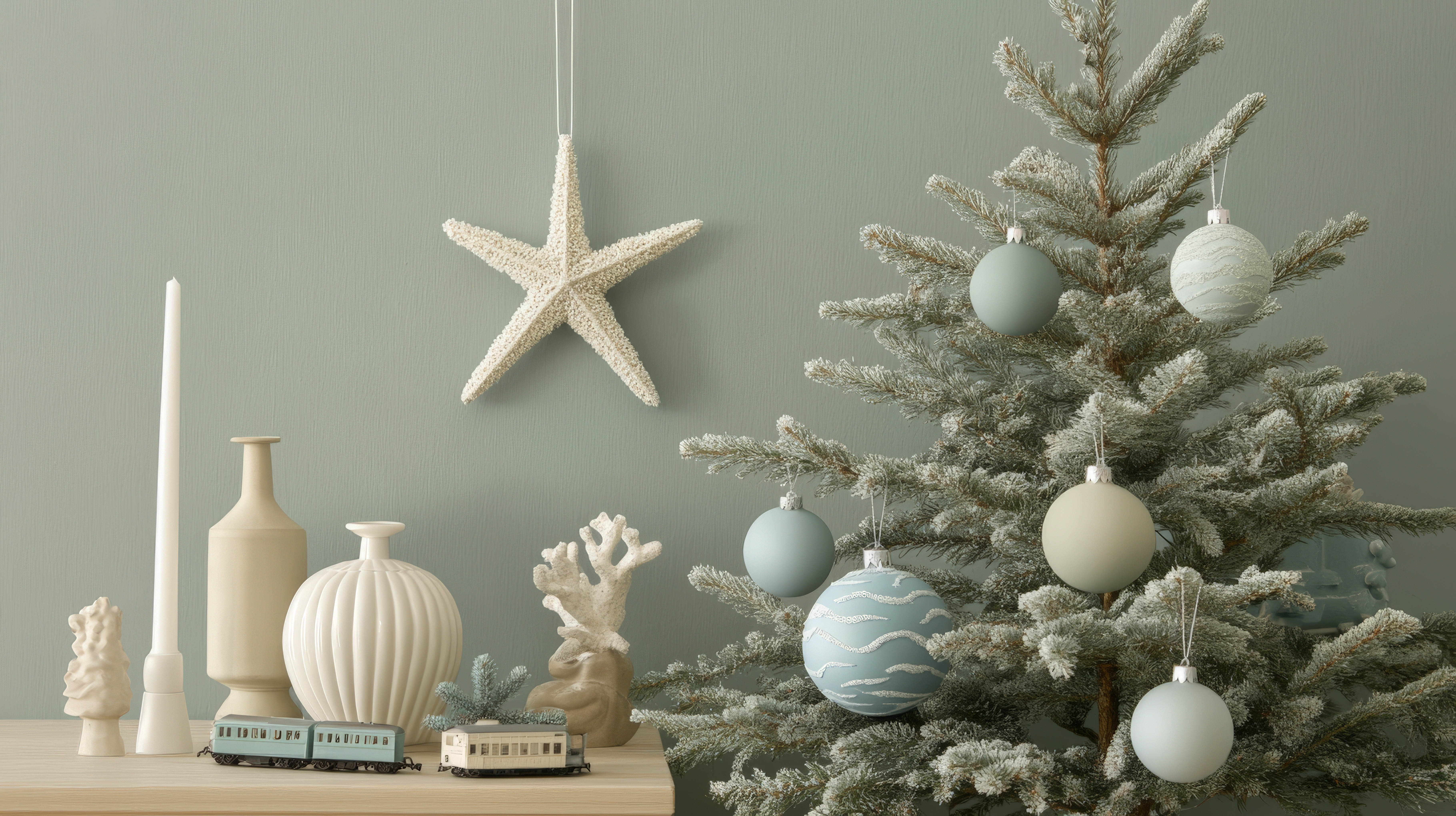 coastal holiday tree with starfish, candles, and muted blues, creams and greens