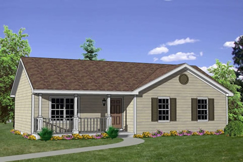 Ranch style home with brown exterior, white front porch and brown roof