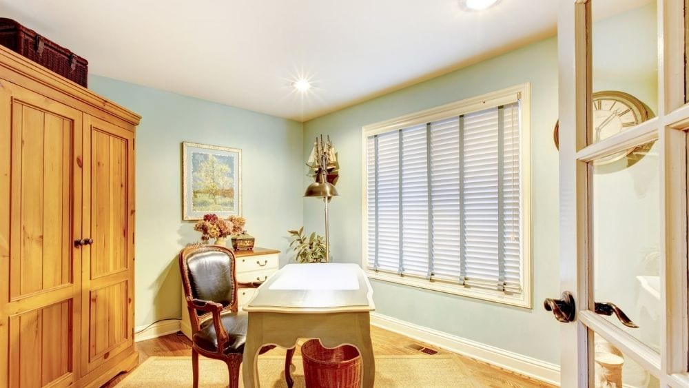 Bright, airy office with recessed lighting.