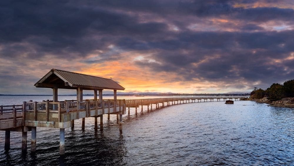 Sunset at Boulevard Park Boardwalk in Bellingham, Washington.