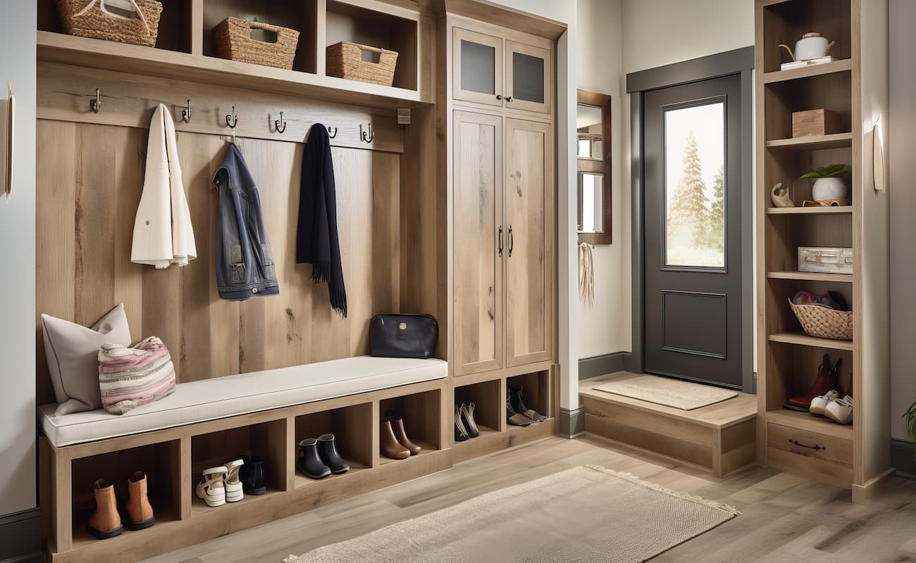 mudroom with built-in cubbies and hooks