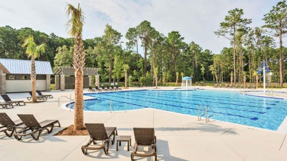A community pool surrounded by palm trees and lounge chairs.
