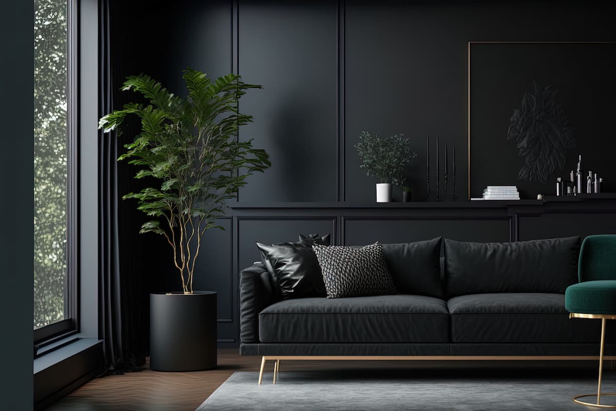 Color drenched living room done in black, with details on the walls
