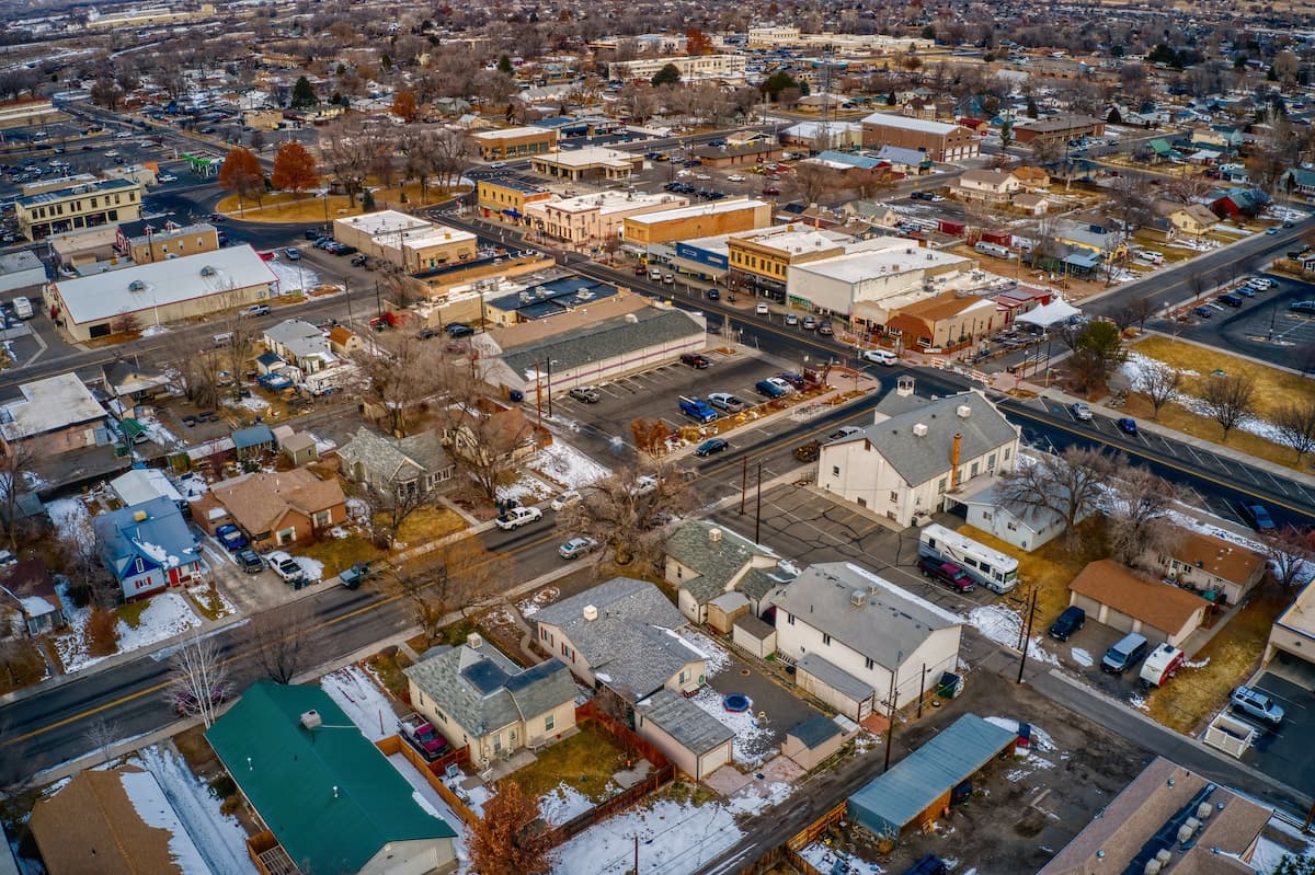 aerial view of buildings and homes in Fruita, Colorado in winter