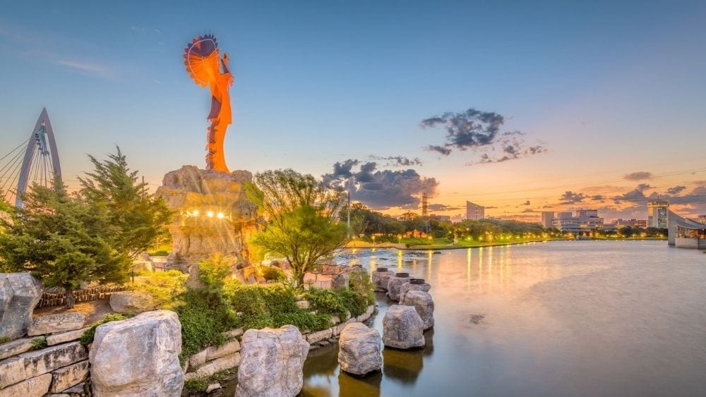 View from the river of The Keeper of the Plains statue.