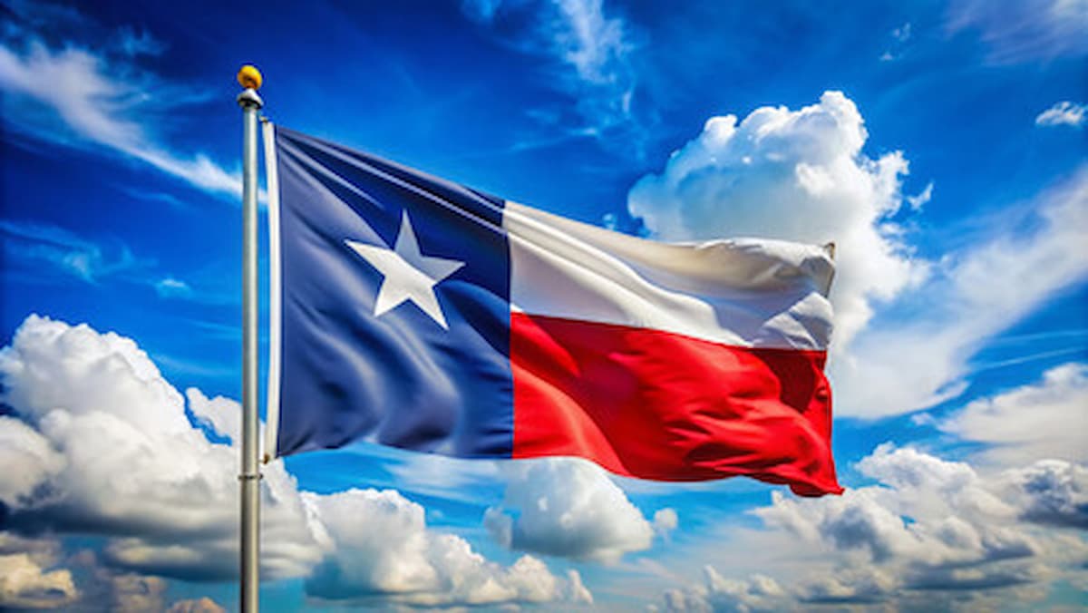 Texas Lone Star Flag waving in the wind on a sunny day