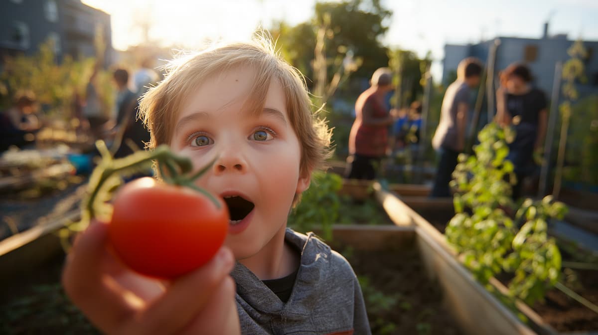 boy with tomato in a community garden