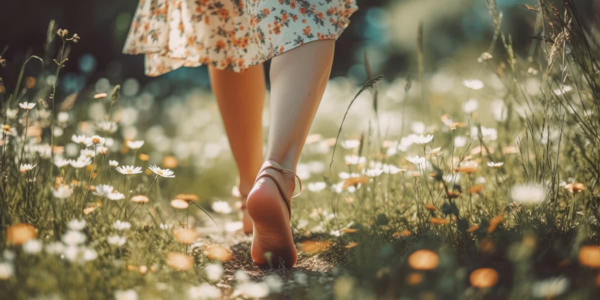 Person walking a field filled with wildflowers