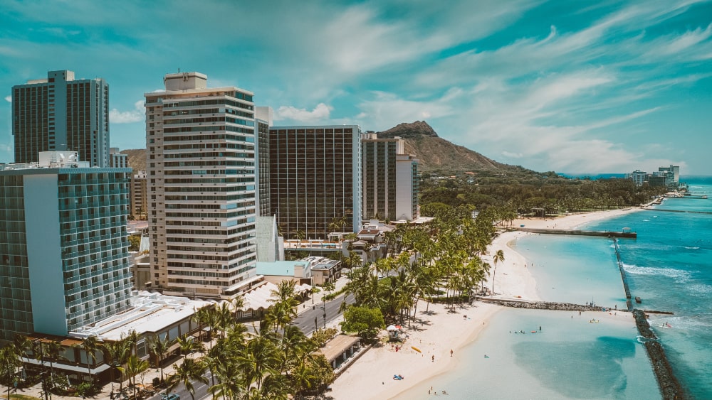 View of high rises and the beach in Honolulu, Hawaii