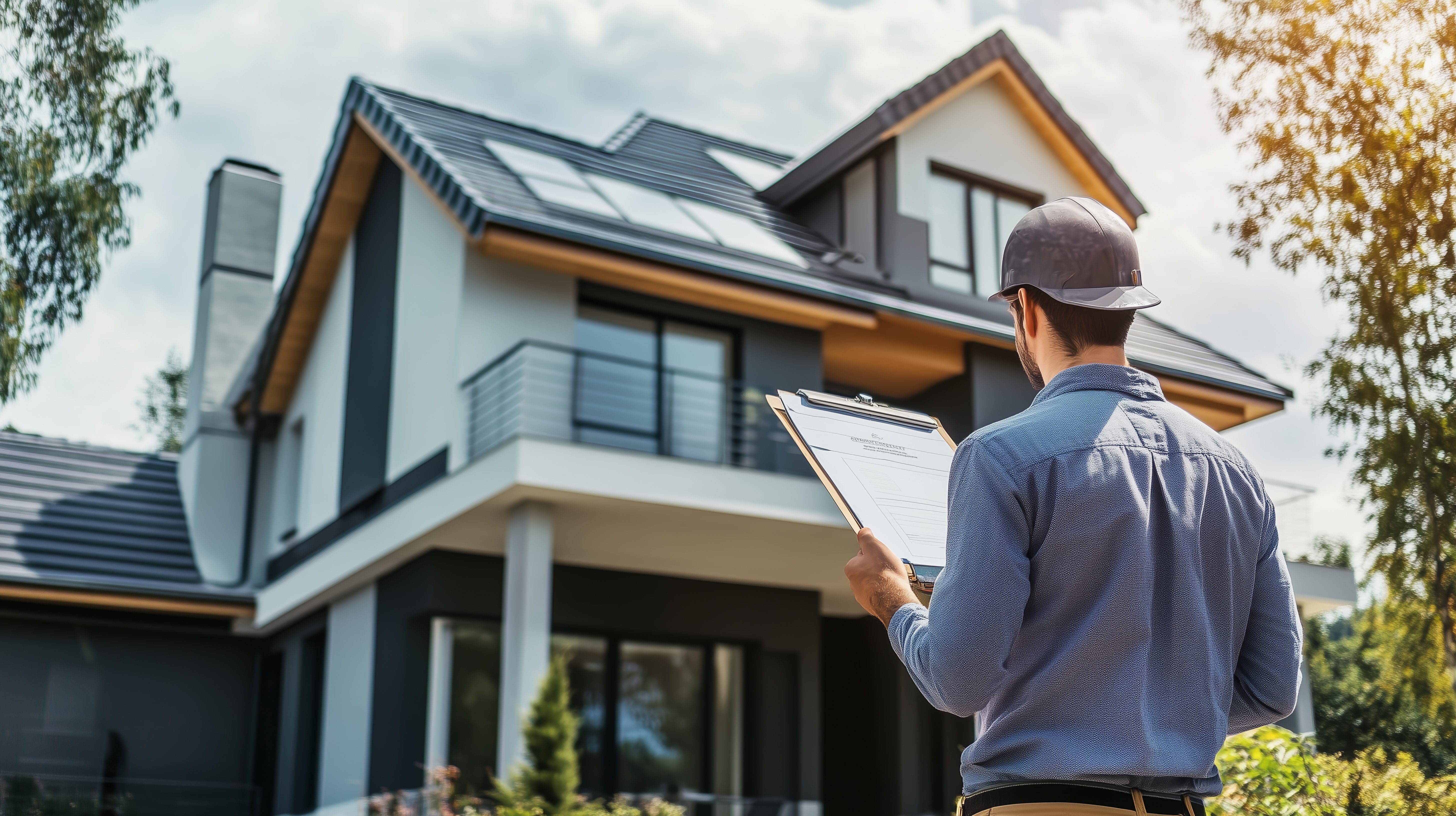 inspector stands in front of a new-build home