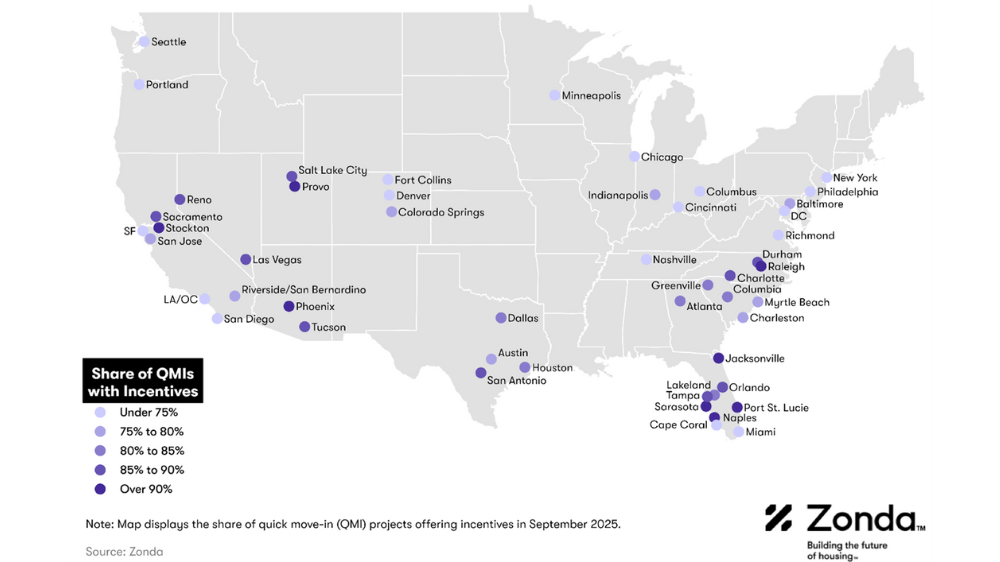 map showing markets with highest shares of QMIs with incentives, including stockton, provo, phoenix, raleigh, port st. lucie, sarasota, and naples.