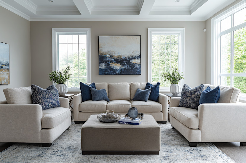 Transitional style living room with coastal vibes, neutral color palette, sofa and love seats