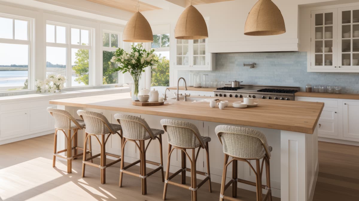 Transitional coastal kitchen with rattan light fixtures, wood island and blue backsplash