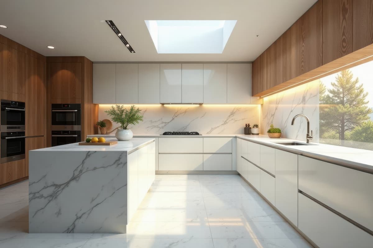 Biophilic kitchen with skylights