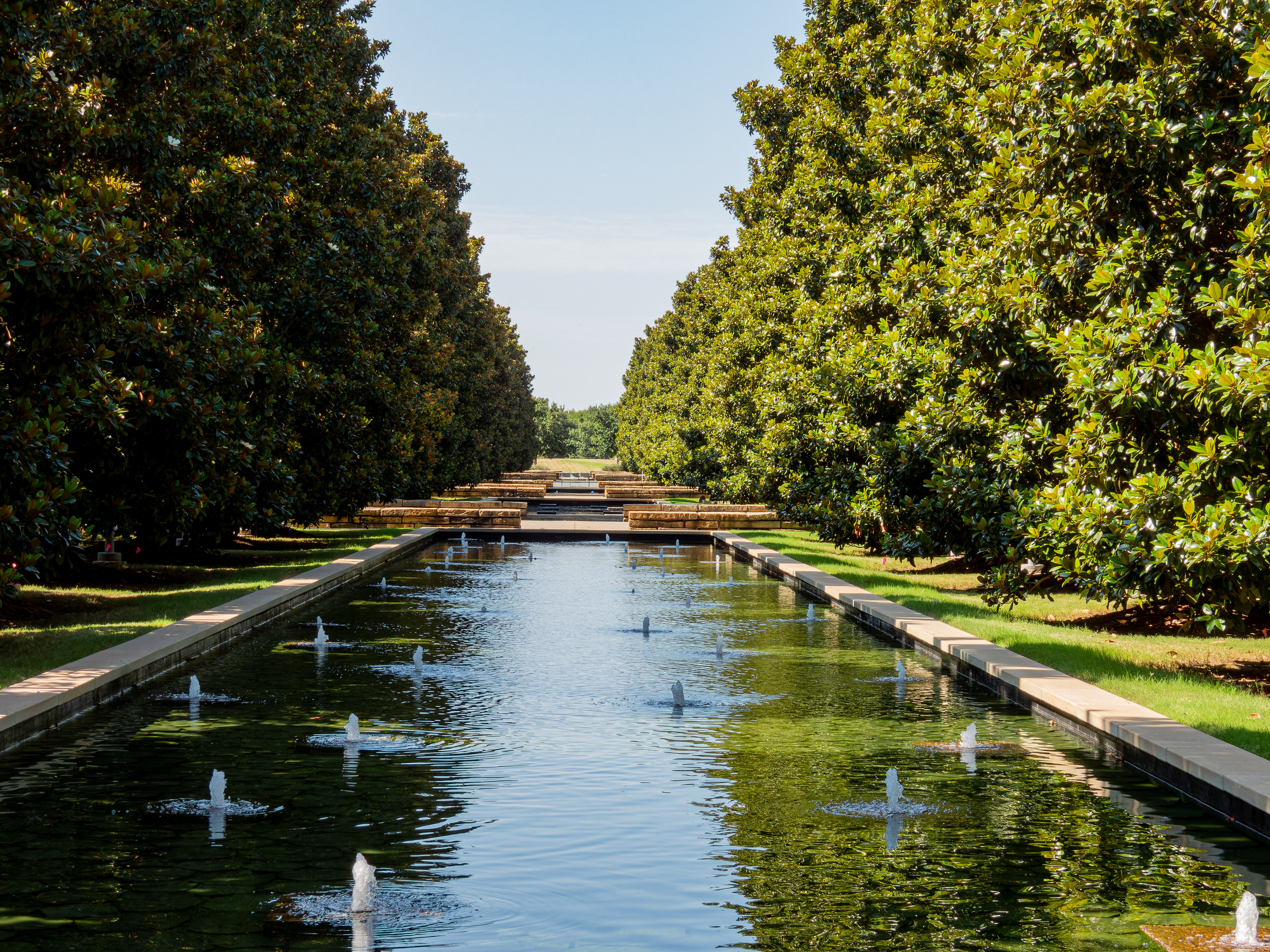 tree lined path and fountain at a university campus