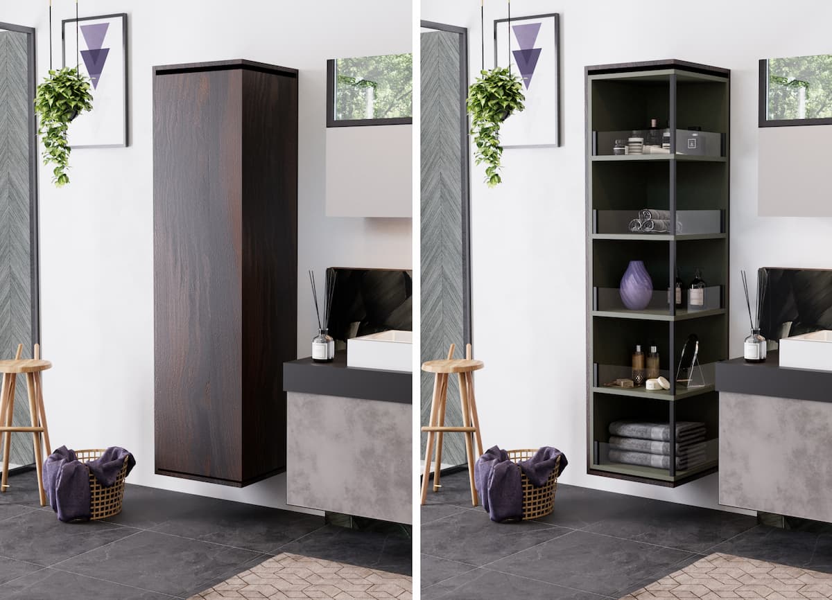 side by side shots of versatile, wall-hung cabinetry