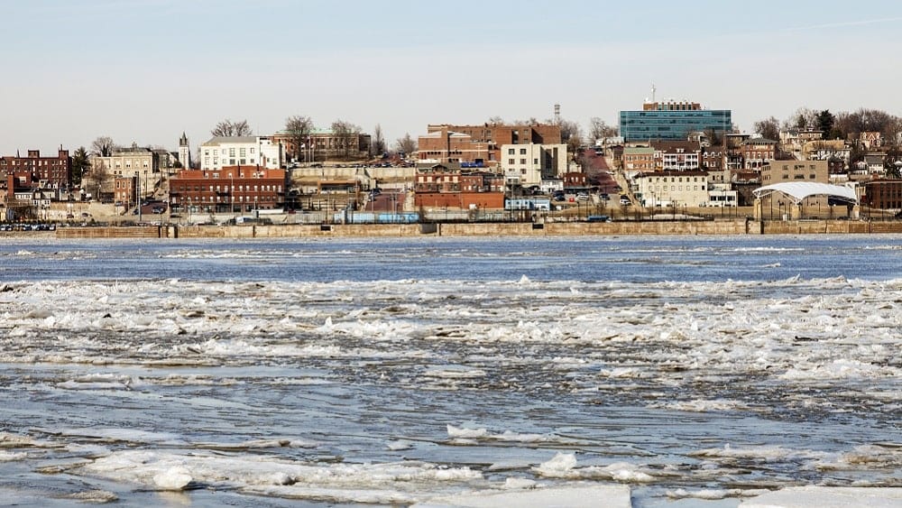 Buildings in Alton, IL shot from across the Mississippi River.