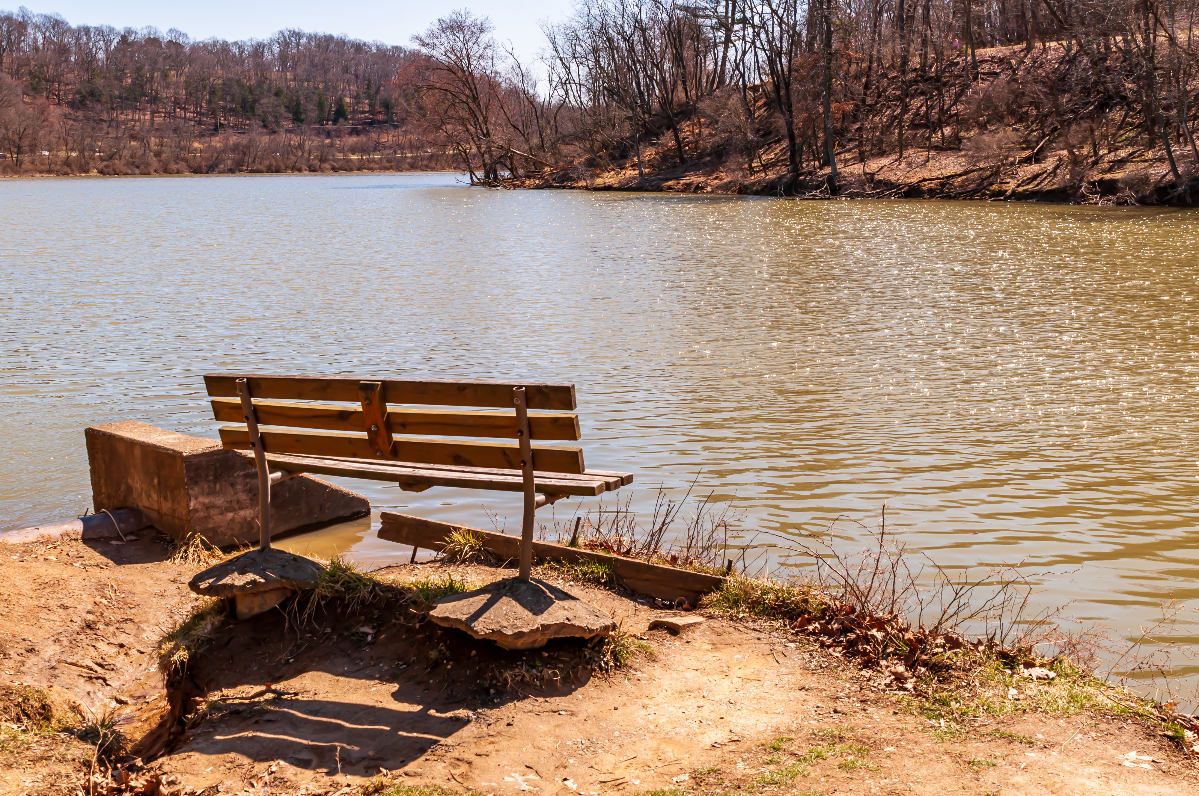 park bench next to a lake
