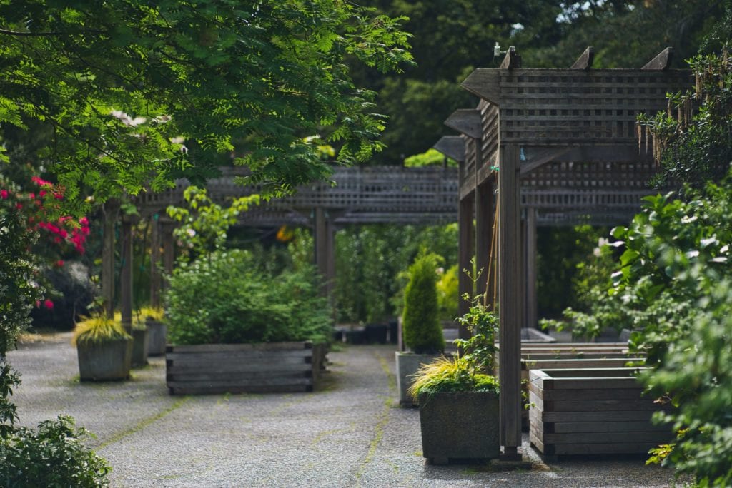A patio with a deck and planters