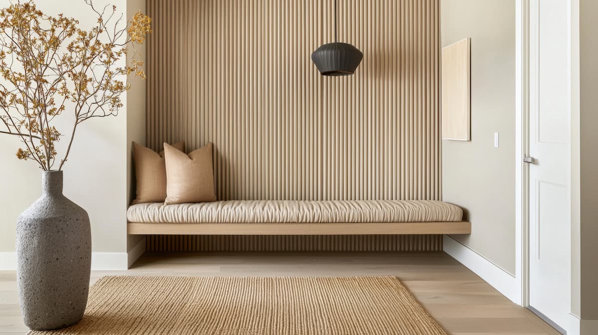 Hallway accent wall with fluted detail plants and a bench