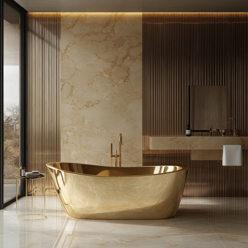 Custom gold bathtub against marble wall with large window