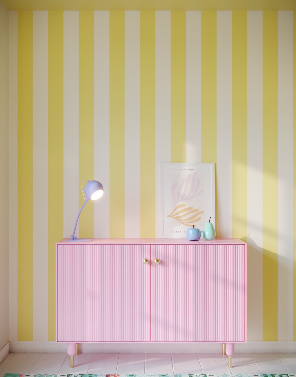 Yellow pinstripe wallpaper with pink credenza