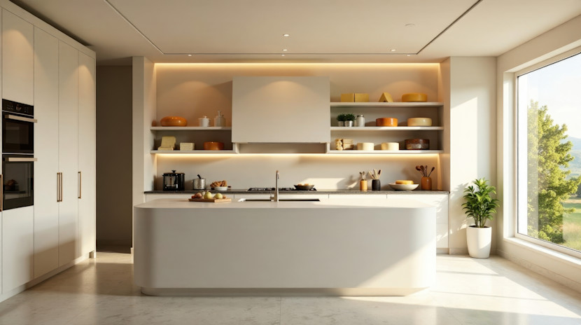 white curved kitchen island with sink built in, with flat appliances and a large window with greenery outside
