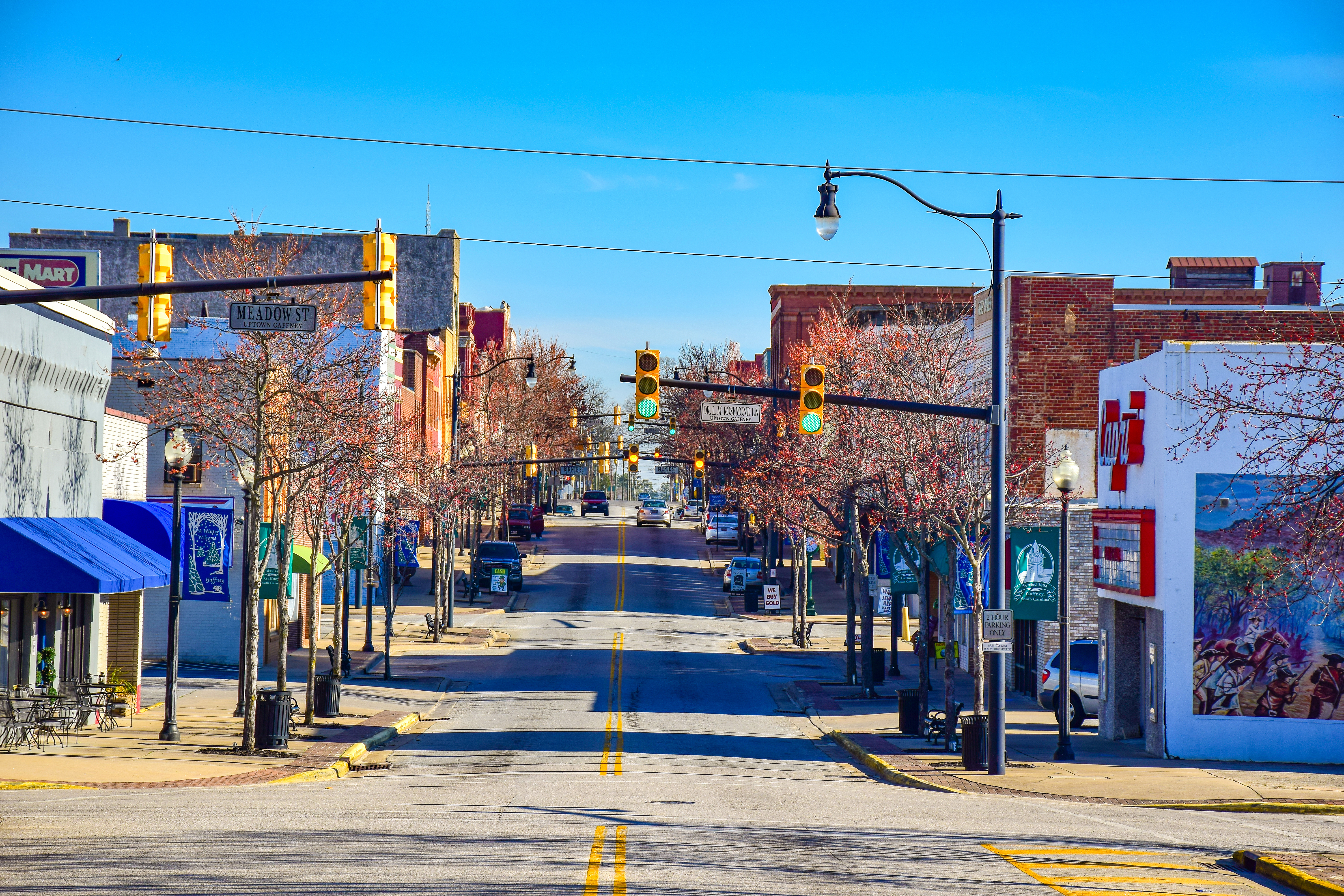 Main Street of shops and businesses in downtown Gaffney, SC