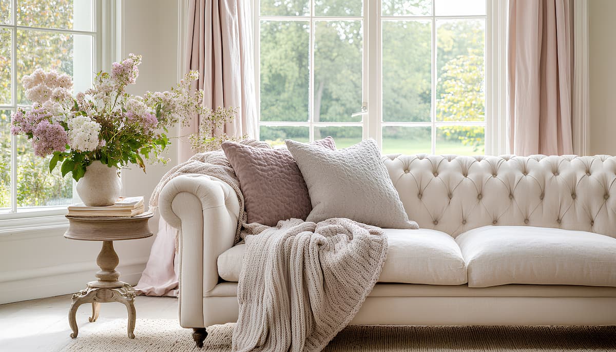 Cream colored, tufted sofa with throw pillows and a blanket, with flowers in a vase