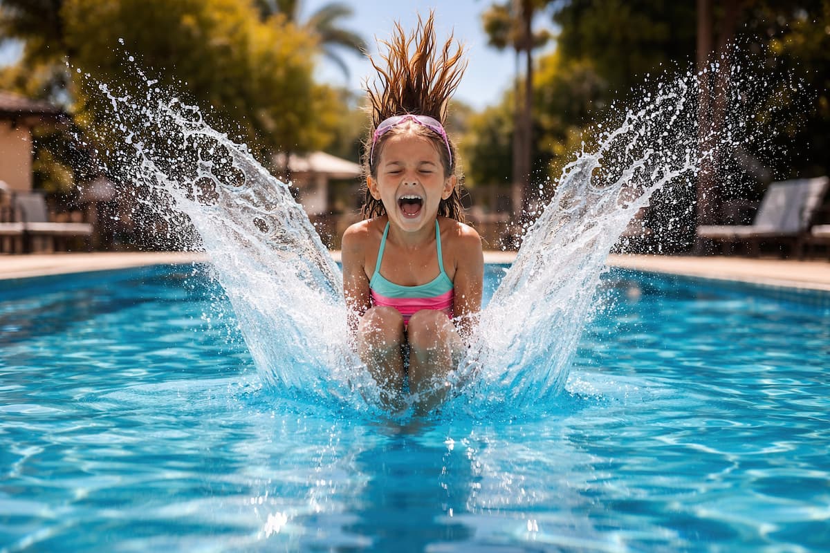 Little girl jumping into a pool