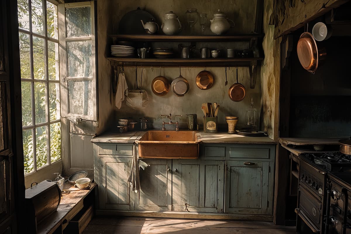 English country kitchen with green cabinetry, copper pots hanging, a window seat and a butler sink