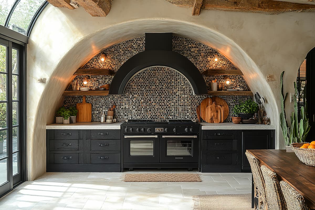 Large range alcove with tile backsplash, with black, double range tucked inside
