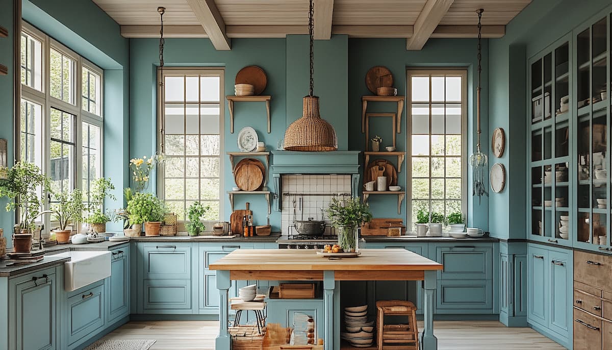 Blue English country kitchen with exposed beams, blue cabinetry and kitchen island with carved legs
