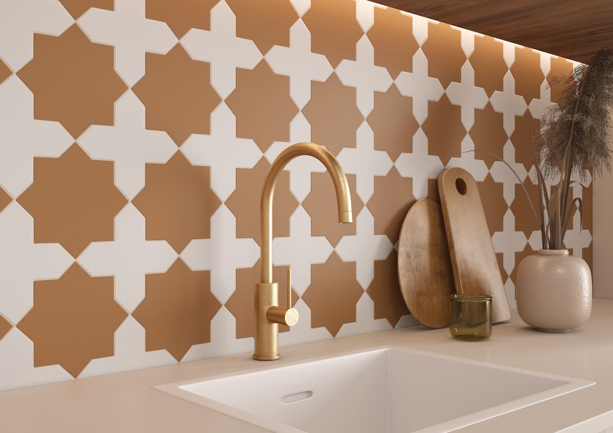 Star-shaped tile in yellow and cream backsplash