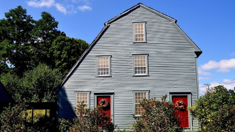 Historic house with a saltbox roofline.