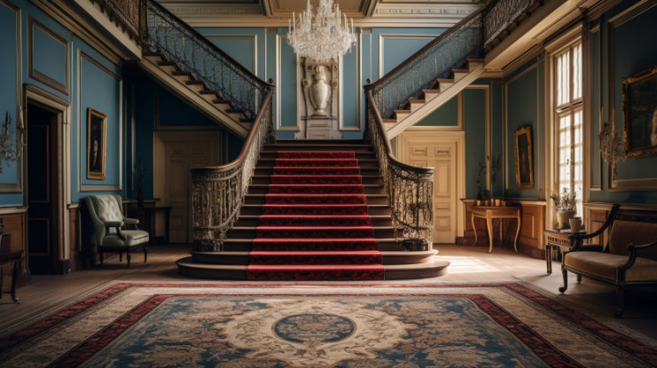 Grand staircase in a Victorian style home with chandelier and brocade carpet