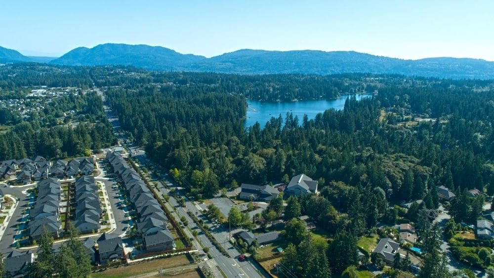 Aerial view of a suburban neighborhood with lots of greenery and mountains in the background.