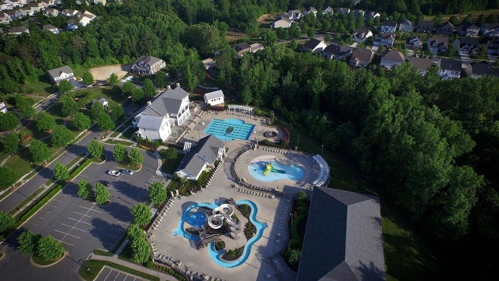 View from above of a recreation area with two pools.