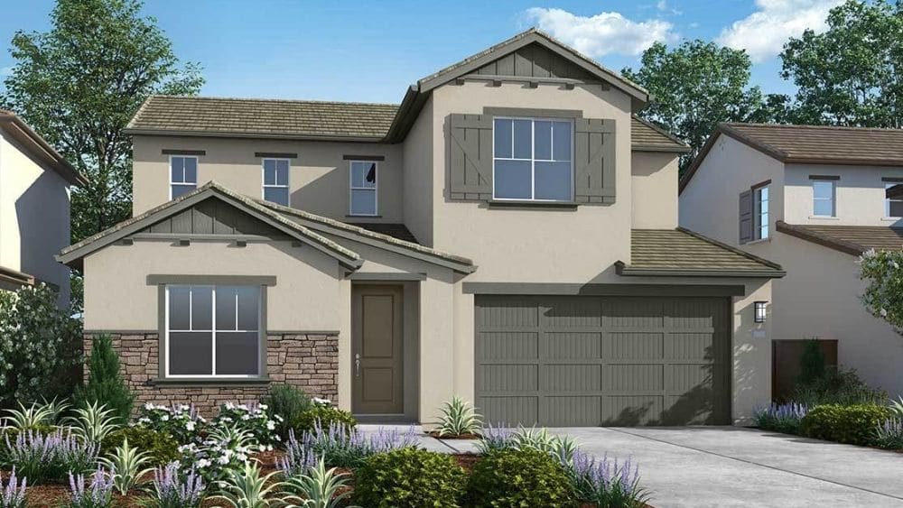 Rendering of a two-story home with a two-car garage in brown tones.