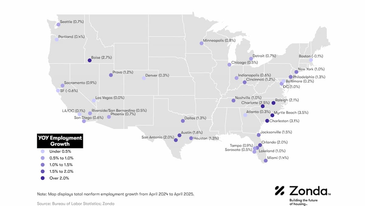 map of the united states showing cities with year over year employment growth