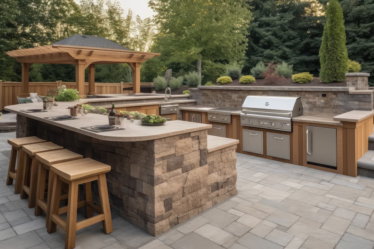 U-shaped outdoor kitchen layout with grill, counters, pergola and bar seating