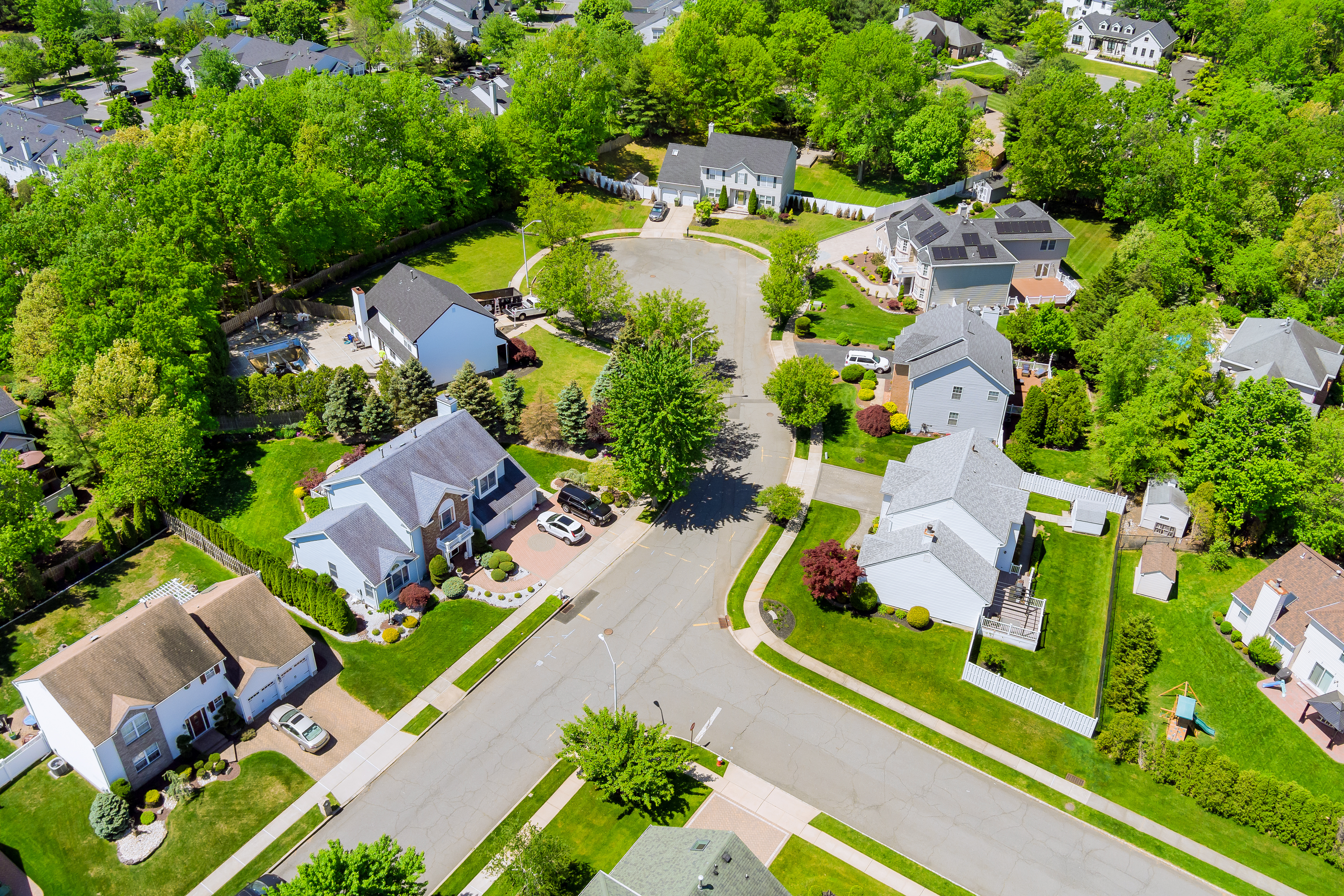 An aerial view of a suburban neighborhood in New Jersey. 