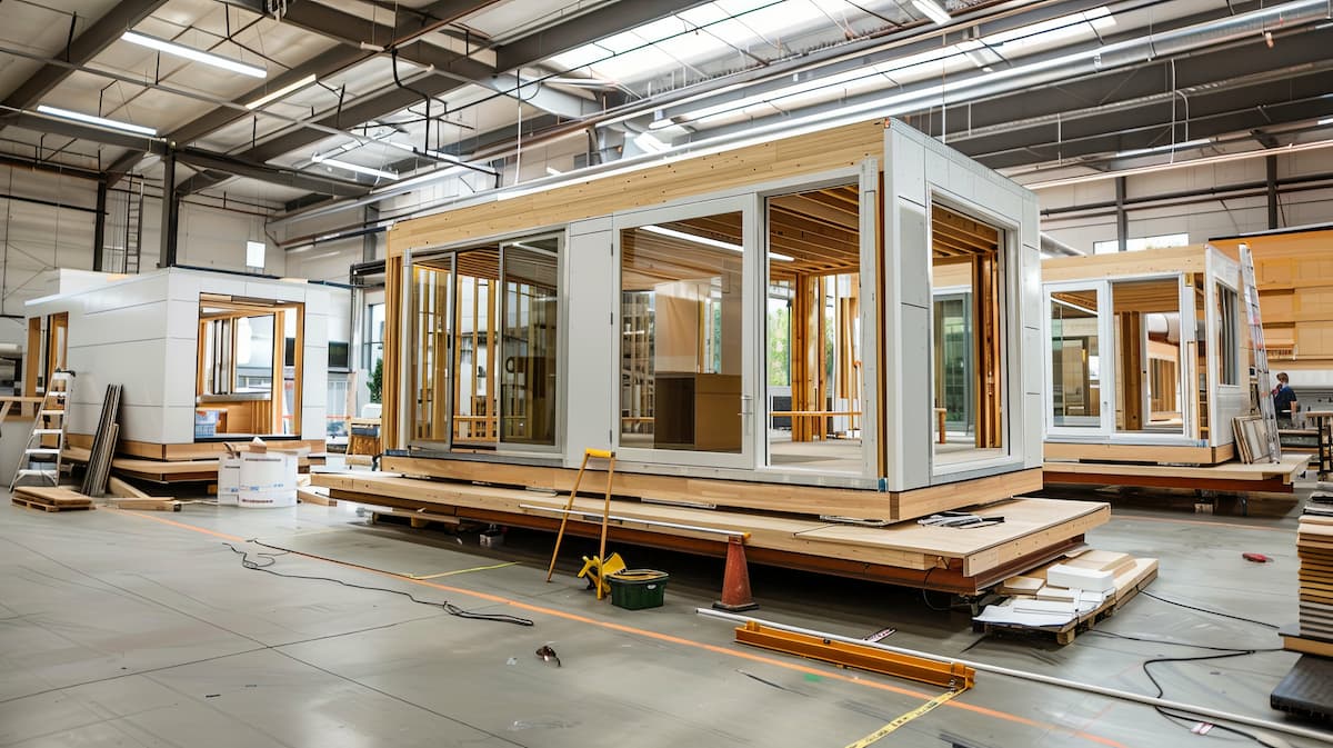 modular home sections under construction in a warehouse