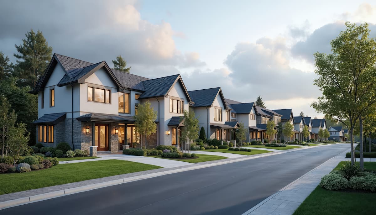 New homes on tree lined street