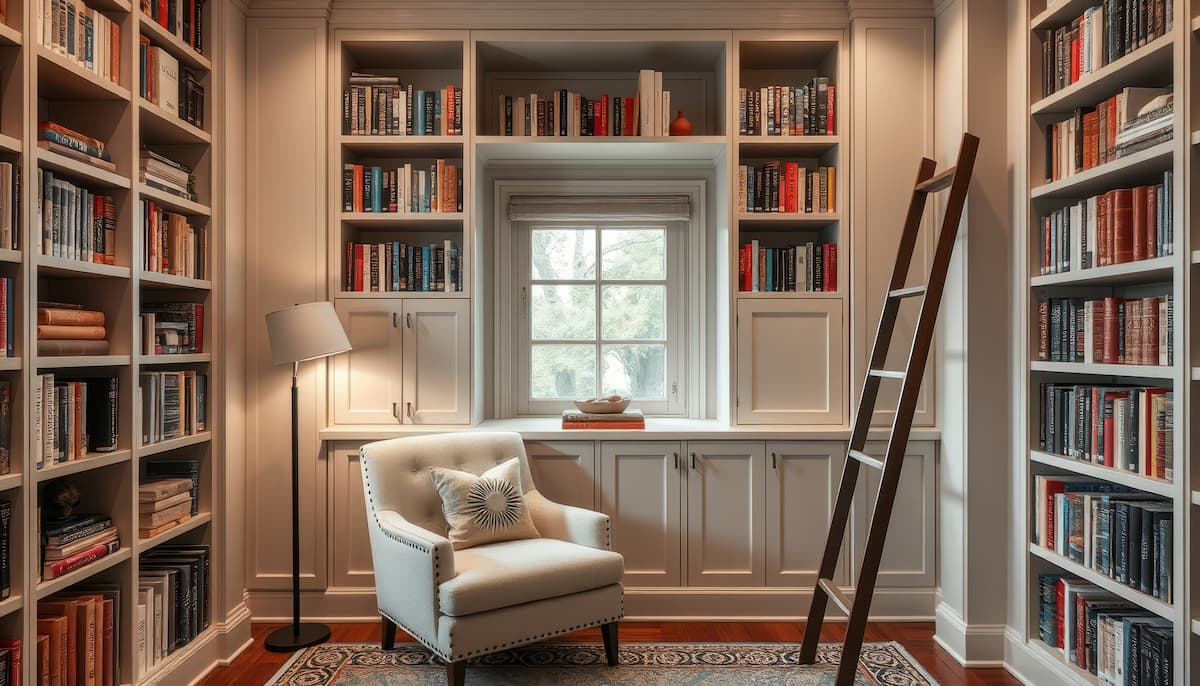 home library with ladder and built in bookshelves